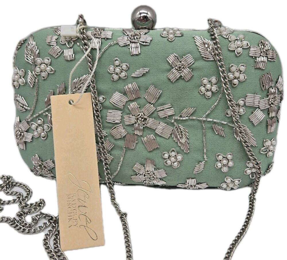 Badgley Mischka Seafoam Green Beaded Floral Evening Clutch